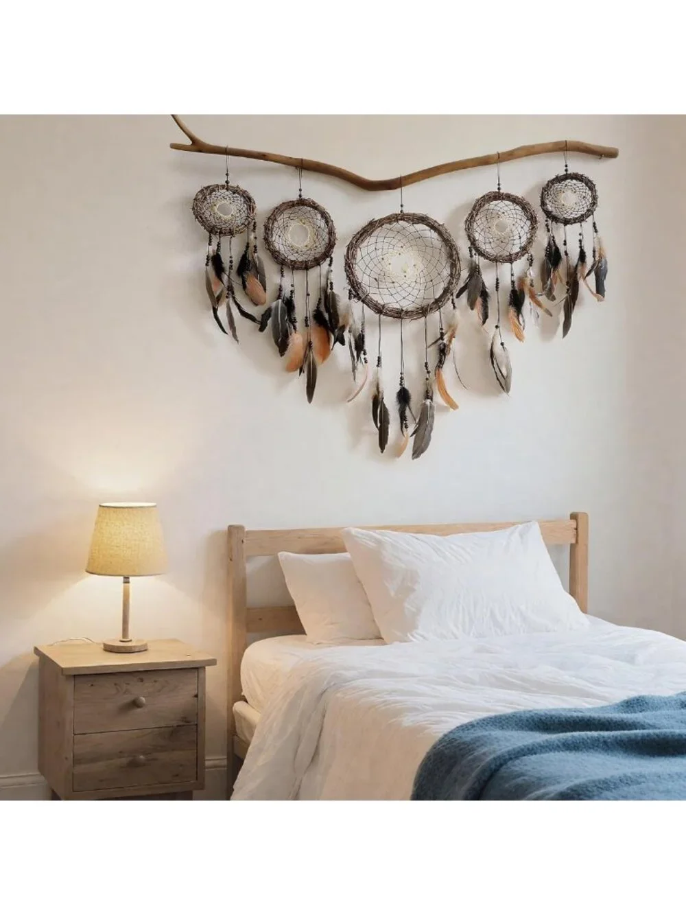Boho Dream Catcher Wall Art Set - 5 Handmade Rattan Feathers, Rustic Decor